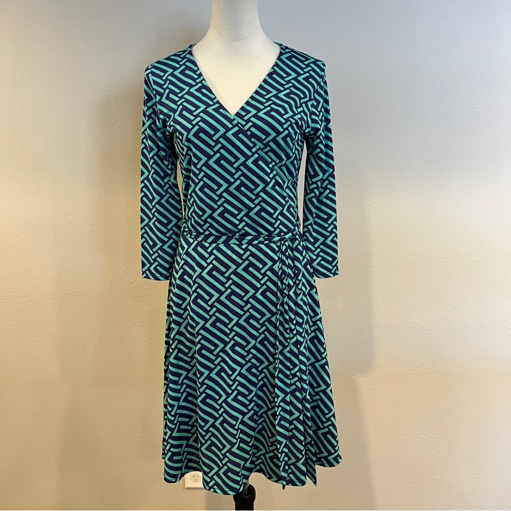 41 Hawthorn Teal and navy Long Sleeve fake wrap stretchy‎ mini Dress with belt